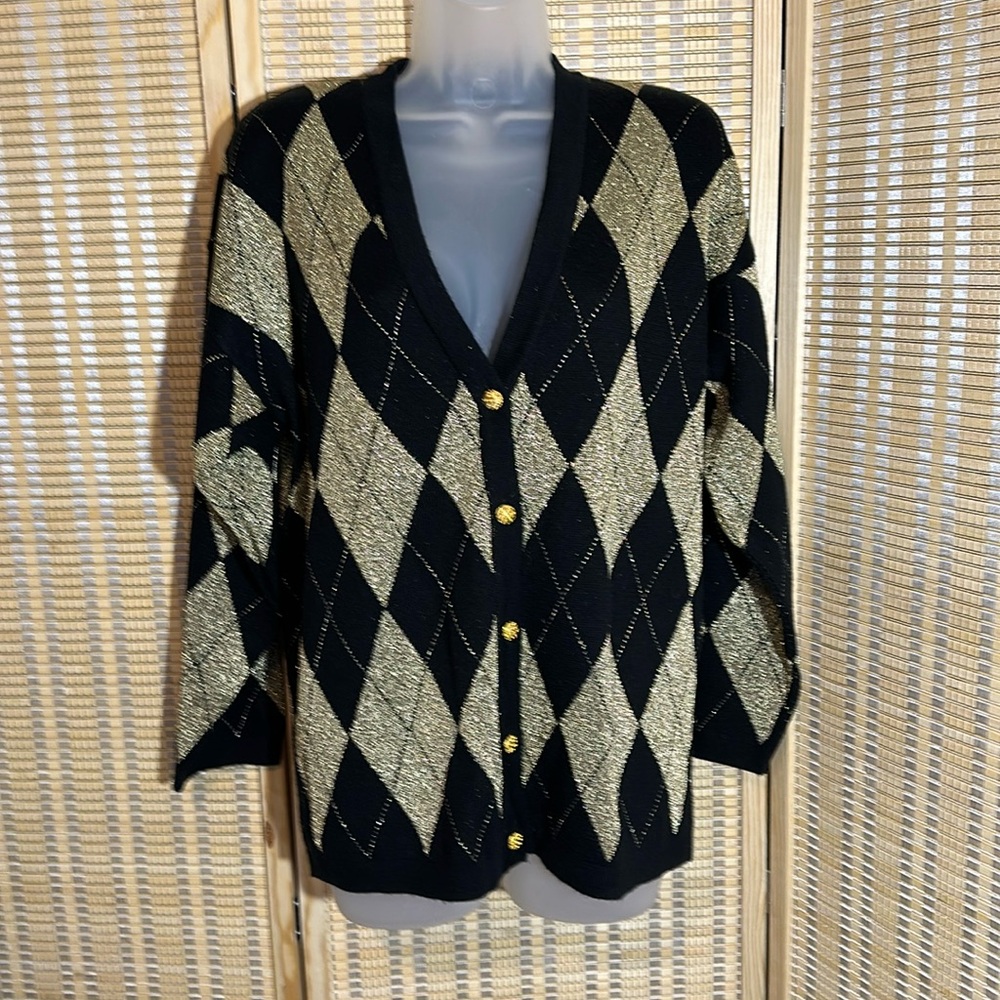 Loubella Vintage 1990s Y2K Black Metallic Gold Diamond Pattern Cardigan Medium